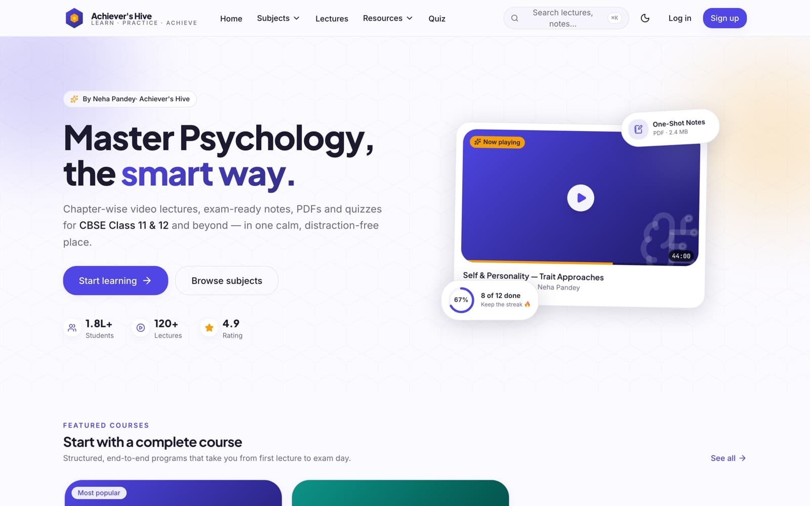 Achiever's Hive homepage with the headline 'Master Psychology, the smart way', an e-learning platform for CBSE Class 11 and 12 Psychology