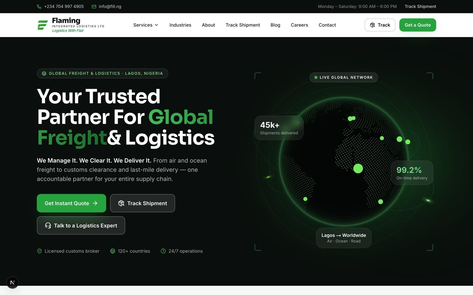 Flaming Integrated Logistiks homepage: 'Your Trusted Partner For Global Freight and Logistics', a Lagos-based freight forwarding company serving 120+ countries