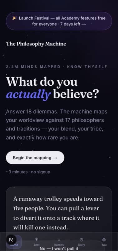 The Philosophy Machine self-discovery web app on a mobile phone